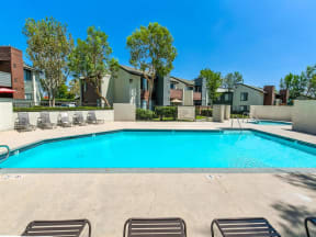 Apartments in Ontario, CA - Avante Sparkling Swimming Pool Surrounded by Lush Landscaping and Lounge Seating