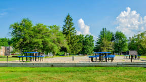 Blue Picnic Tables in BBQ Area| The Boulders