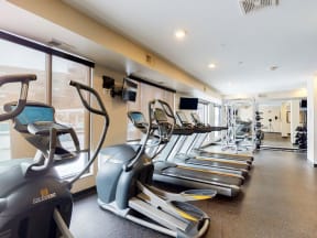 Fitness center with hard rubber flooring, 3 treadmills and 2 ellipticals