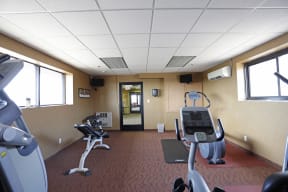 Fitness center with ellipticals and patterned carpeting