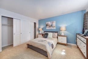 Bedroom with Closet, Carpet, Blue Wall, Brown/White Dresser, Lamp and Gray Curtains 