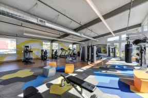 Gym with Hardwood Floor, Treadmills, Excercise Bike, Weight Machines, Full Windows with View of Exterior