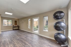 Community Yoga Studio with Hardwood Inspired Floor, Yoga Balls, Large Window and Wicker Basket with Yoga Mats 