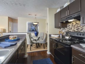 Harvard Place Apartments, Lithonia GA, model kitchen with black appliances