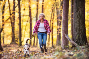 Woman Walking Dog in Woods