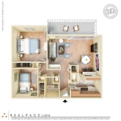 2 Bed, 1 Bath, 840 square feet floor plan Two Bedroom 3d furnished