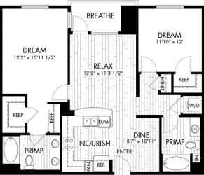2 bed 2 Bath 1076 square feet floor plan B1