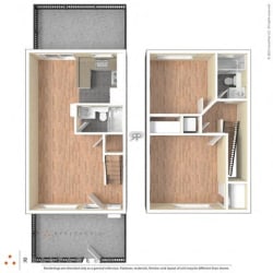 2 Bed, 2 Bath, 940 square feet floor plan 3d