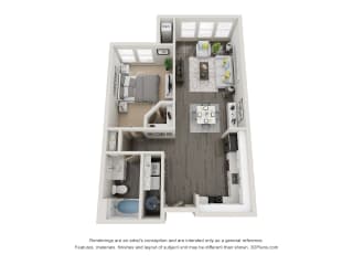 1 Bed 1 Bath 817 square feet floor plan Edes 3d furnished