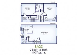 2 Bed, 1.5 Bath, 1007 sq. ft. Sage floor plan