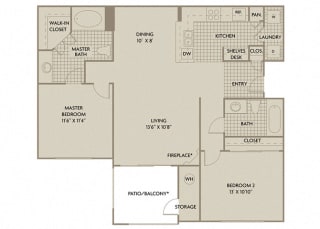 2 bed 2 Bath 1085 square feet Milan floor plan