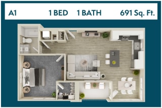 1 Bed 1 Bath 691 square feet floor plan A1 3d furnished