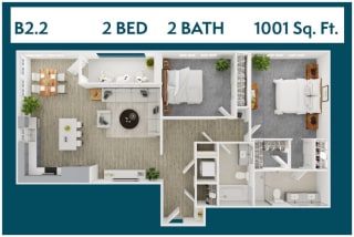 2 Bed 2 Bath 1001 square feet floor plan B2.2 3d furnished
