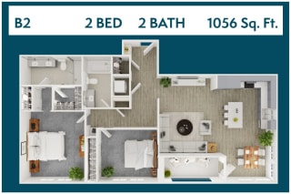 2 Bed 2 Bath 1056 square feet floor plan B2 3d furnished