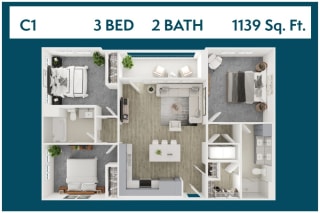 3 Bed 2 Bath 1139 square feet floor plan C1 3d furnished