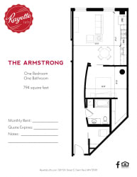 1 Bed 1 Bath 794 square feet floor plan The Armstrong