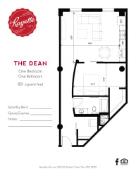 1 Bed 1 Bath 831 square feet floor plan The Dean