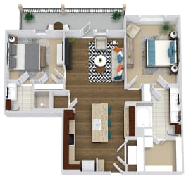 The Allen. 2 bedroom apartment. Kitchen with island open to living/dinning room. 2 full bathrooms, double vanity in master, shower stall in guest. Walk-in closet. Patio/balcony.