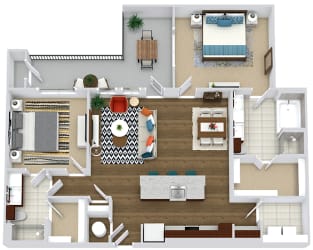 The Pearson. 2 bedroom apartment. Kitchen with island open to living/dinning room. 2 full bathrooms with shower stalls, double vanity and tub in master. Walk-in closets. Patio/balcony.