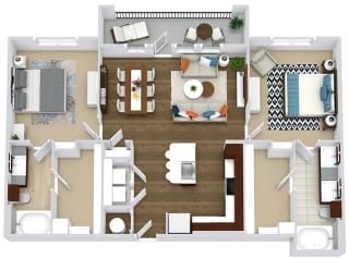 The Renfro The Renfro. 2 bedroom apartment. Kitchen with island open to living/dinning room. 2 full bathrooms, double vanity in master. Walk-in closets. Patio/balcony.