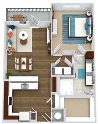 The Witten &#x2B; fenced-in yard. 1 bedroom apartment. Kitchen with bartop open to living/dinning rooms. 1 full bathroom double vanity. Walk-in closet. Patio/balcony.