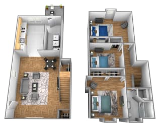 3 bedroom 1 bathroom end unit 3D floor plan at Somerset Woods Townhomes in