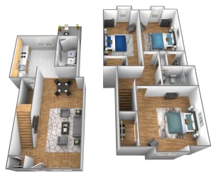 3 bedroom 1 bathroom inside unit 3D floor plan at Somerset Woods Townhomes in