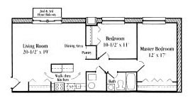 2 Bedroom 1 Bath floor plan, 750 to 820 square feet at Settler Place Apartments