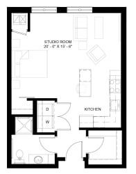 The Whitney A studio floor plan dimensions and layout