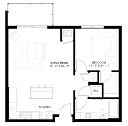 The Dolores 1-bedroom floor plan layout