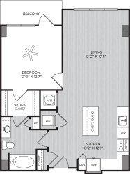 Kitchen Island and Balcony A1b One Bedroom Floor Plan with Balcony at Apartments in Vinings