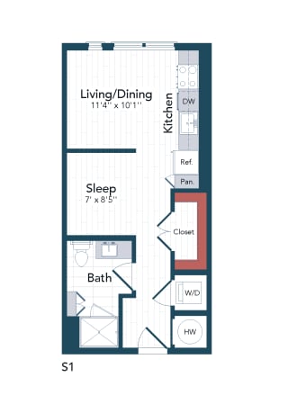 Studio 1 bath floor plan E at Harwood Flats, North Bethesda, 20852