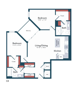2 bed 2 bath floor plan F 2 bed 2 bath floor plan F at Harwood Flats, Maryland