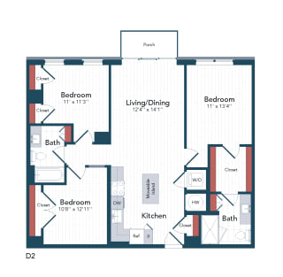 3bedroom 2 bath floor plan Bat Harwood Flats, North Bethesda, MD, 20852
