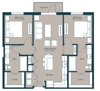 2 bedroom floorplan with 1080 square feet at McKinney Village, Texas