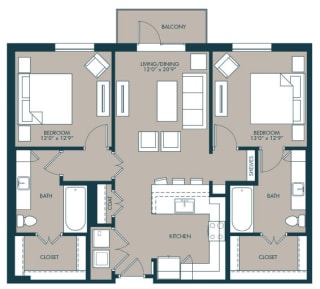 2 bedroom floorplan with 1140 square feet at McKinney Village, Texas, 75069
