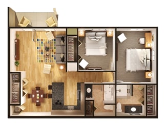 Two Bedroom Two Bathroom Floor Plan at Gray Estates Apartments, MRD Conventional, St. Clair, MI