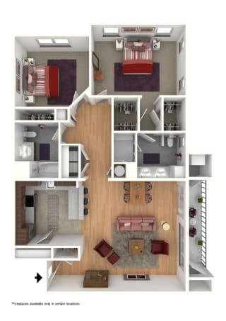 The Bedford - Two Bedroom Two Bathroom  Floor Plan at Queens Gate Apartments