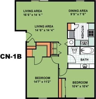 Floor Plan Two Bedroom One Bathroom (CN1B)