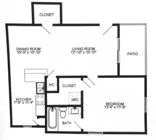 A5 640 Sq.Ft. Floor Plan at Chateaux Dupre Apartments, The Barvin Group, Houston, TX, 77063