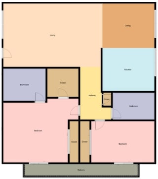 Floor Plan 2 Bedroom, 2 Bathroom with Patio