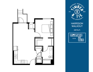 One Bed One Bath Harrison Floorplan at Timber and Tie Apartments, 4312 Shady Oak Rd, Minneapolis