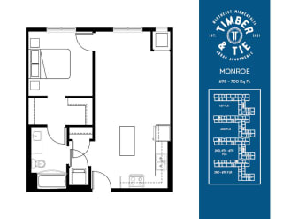 1 Bed 1 Bath Monroe floorplan at Timber and Tie Apartments, Minnesota, 55343