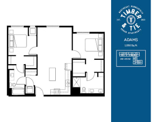 2 Bedroom 2 Bathroom Adams floorplan at Timber and Tie Apartments, 4312 Shady Oak Road, Minnesota