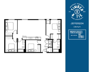 4 Bedroom 2 Bathroom Jefferson floorplan at Timber and Tie Apartments, Minnesota, 55343