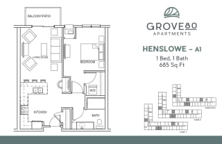 1 Bedroom 1 Bathroom Floor Plan at Grove80 Apartments, Cottage Grove, MN, 55016