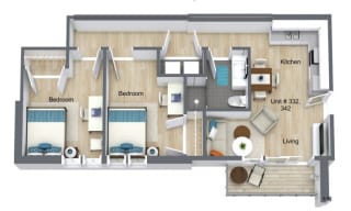 Floor Plan for Unit 332 and 342 at Courtyard Lofts Student Housing Chapel Hill UNC