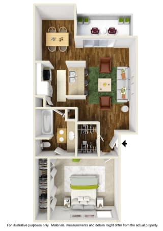 A2 3D Floor Plan with Example Furniture Floor Plan at Noel on the Parkway Apartments in Dallas, Texas, TX