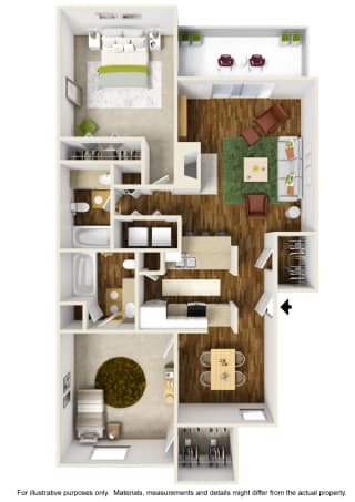 B1 Floor Plan with Example Furniture Layout at Noel on the Parkway Apartments in Dallas, Texas, TX