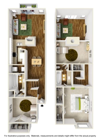 B2 Floor Plan with Example Furniture Layout at Noel on the Parkway Apartments in Dallas, Texas, TX